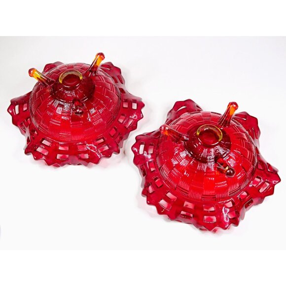 Fenton Red Amberina Basketweave Open Edge Candlestick (Set of 2) 1930s Glass - Picture 5 of 6
